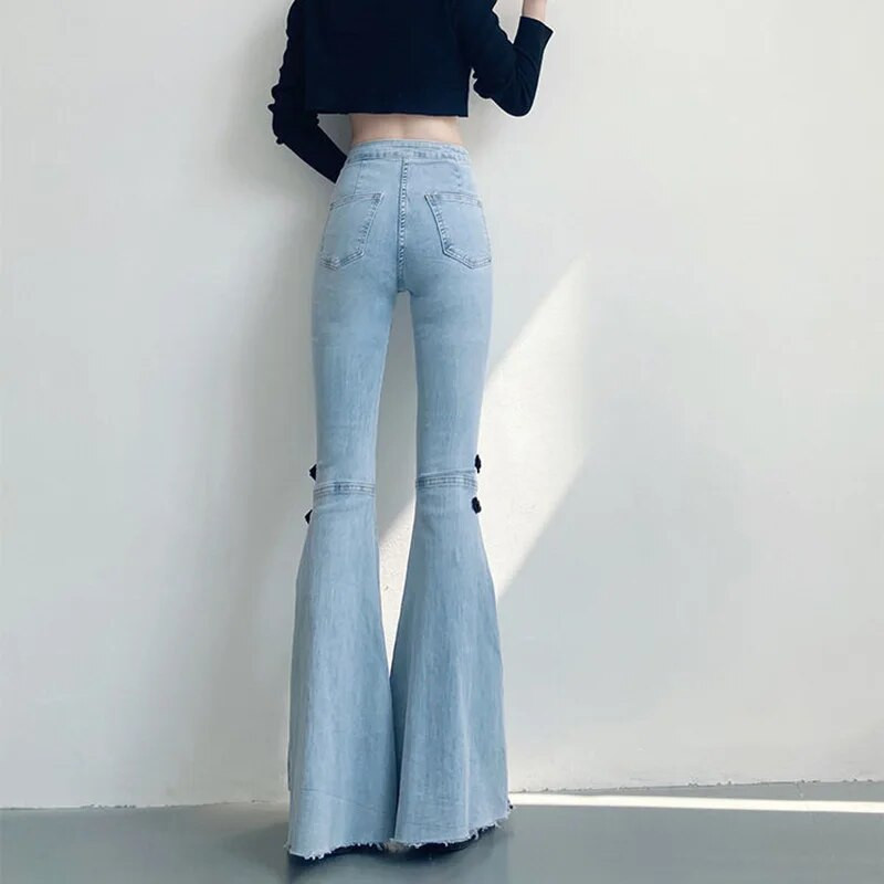 Proljeće 2024. Svijetloplave traper široke hlače Ženske korejske uske traperice s podijeljenim stranama Ženske vintage hlače s mašnom za brisanje visokog struka