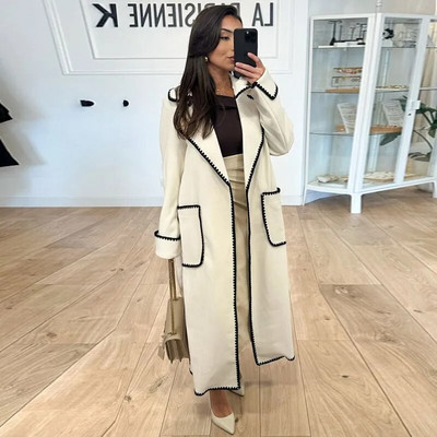 Dygsniuotas ilgas dygsniuotas paltas moterims, pilkos vilnos mišiniai su diržu surištas viršutinis paltas Madingi gatvės drabužiai, 2023 m.