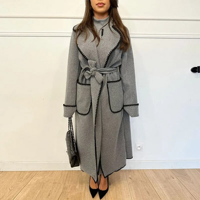 Dygsniuotas ilgas dygsniuotas paltas moterims, pilkos vilnos mišiniai su diržu surištas viršutinis paltas Madingi gatvės drabužiai, 2023 m.
