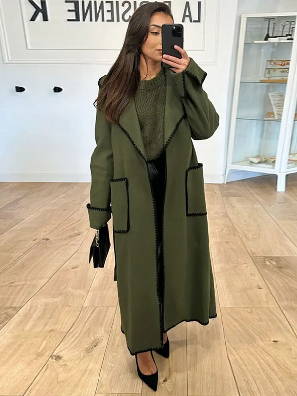 Dygsniuotas ilgas dygsniuotas paltas moterims, pilkos vilnos mišiniai su diržu surištas viršutinis paltas Madingi gatvės drabužiai, 2023 m.