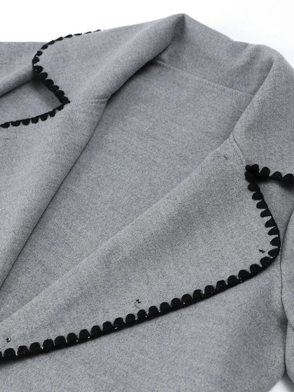 Dygsniuotas ilgas dygsniuotas paltas moterims, pilkos vilnos mišiniai su diržu surištas viršutinis paltas Madingi gatvės drabužiai, 2023 m.