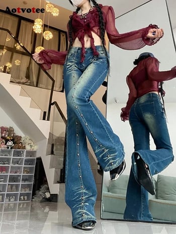 Aotvotee Vintage Washed Jeans για Γυναικεία 2023 Casual ψηλόμεσο Streetwear Flare Jeans New Fashion Rivet Patchwork τζιν παντελόνι