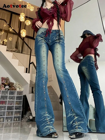 Aotvotee Vintage Washed Jeans για Γυναικεία 2023 Casual ψηλόμεσο Streetwear Flare Jeans New Fashion Rivet Patchwork τζιν παντελόνι