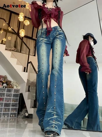 Aotvotee Vintage Washed Jeans για Γυναικεία 2023 Casual ψηλόμεσο Streetwear Flare Jeans New Fashion Rivet Patchwork τζιν παντελόνι