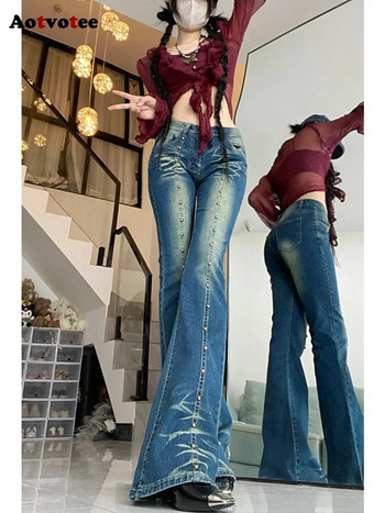 Aotvotee Vintage Washed Jeans για Γυναικεία 2023 Casual ψηλόμεσο Streetwear Flare Jeans New Fashion Rivet Patchwork τζιν παντελόνι