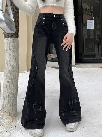 Нов дизайн Bell Bottoms Gyaru Streetwear Gothic Kpop Fashion High Waist Flared Jeans Casual Straight E-girl Pants American Retro