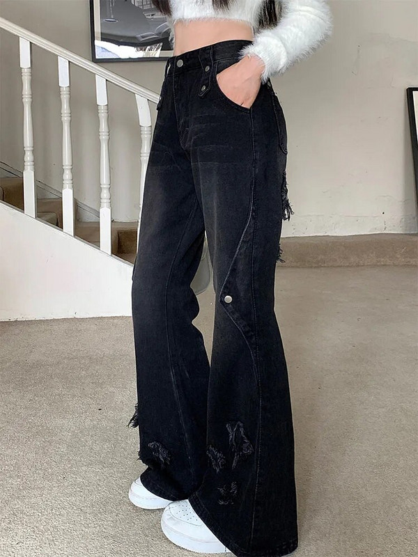 Naujo dizaino varpelio apatinės „Gyaru Streetwear“ gotikinės „kpop“ mados džinsai aukštu juosmeniu platėjantys džinsai, laisvalaikio tiesios el. mergaitės kelnės Amerikietiškos retro