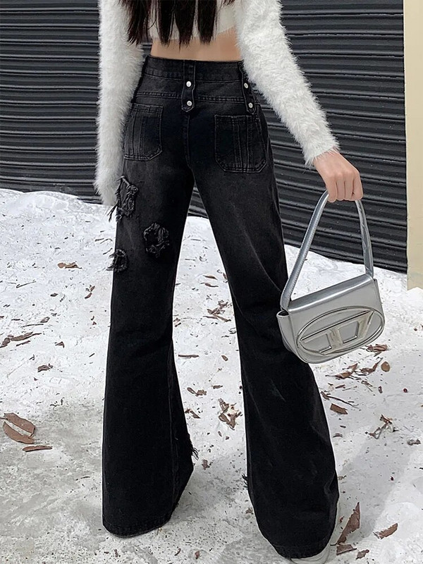 Naujo dizaino varpelio apatinės „Gyaru Streetwear“ gotikinės „kpop“ mados džinsai aukštu juosmeniu platėjantys džinsai, laisvalaikio tiesios el. mergaitės kelnės Amerikietiškos retro