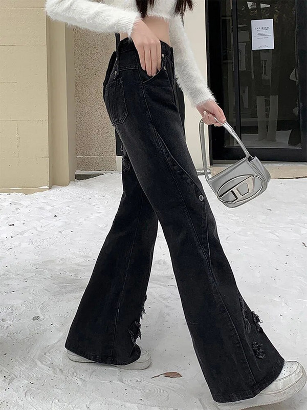 Naujo dizaino varpelio apatinės „Gyaru Streetwear“ gotikinės „kpop“ mados džinsai aukštu juosmeniu platėjantys džinsai, laisvalaikio tiesios el. mergaitės kelnės Amerikietiškos retro