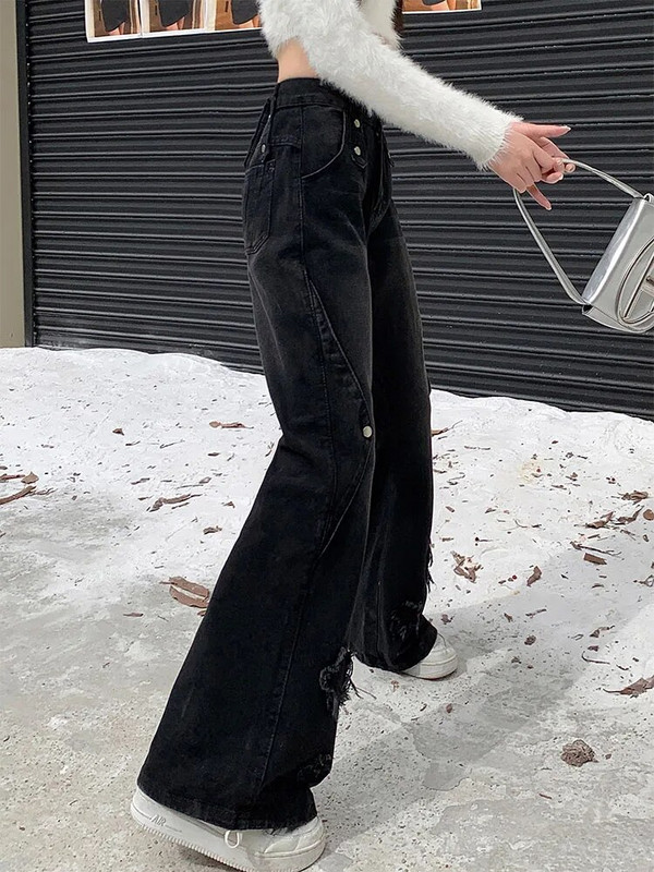 Naujo dizaino varpelio apatinės „Gyaru Streetwear“ gotikinės „kpop“ mados džinsai aukštu juosmeniu platėjantys džinsai, laisvalaikio tiesios el. mergaitės kelnės Amerikietiškos retro