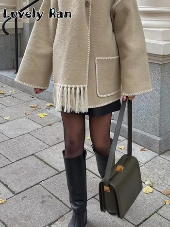 Vintage μασίφ μάλλινο παλτό για γυναίκες 2023 Κομψό φθινοπωρινό μονόστομο Peacoat με κασκόλ Γυναικεία πολυτελή πανωφόρια High Street