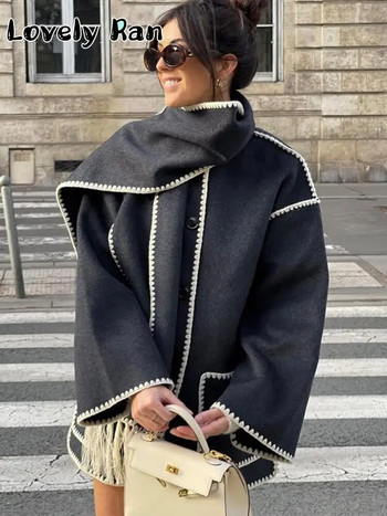 Vintage μασίφ μάλλινο παλτό για γυναίκες 2023 Κομψό φθινοπωρινό μονόστομο Peacoat με κασκόλ Γυναικεία πολυτελή πανωφόρια High Street