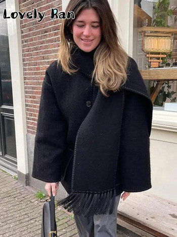 Винтидж плътно вълнено палто за жени Елегантно есенно едноредно палто с шал 2023 г. Дамско луксозно връхно облекло от High Street