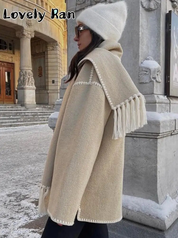 Vintažinis vientisas vilnonis paltas moterims, 2023 m. Elegantiškas rudens povas su skarele, moteriškas prabangus High Street viršutinis drabužis