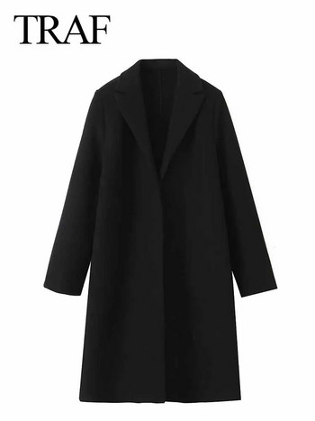 TRAF 2023 Φθινόπωρο Χειμώνας Γυναικείο κομψό μακρυμάνικο παλτό Γυναικείο Vintage μονόχρωμο πέτο Ζεστό μακρύ αντιανεμικό πανωφόρι ρούχα