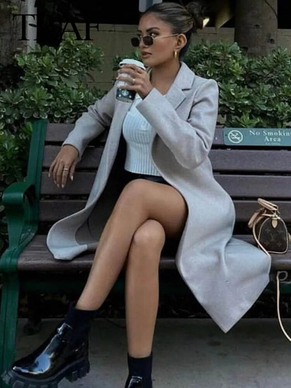 TRAF 2023 Jesen Zima Ženski elegantni kaput dugih rukava Ženska vintage jednobojna topla odjeća s reverom, duga vjetrovka Kaput