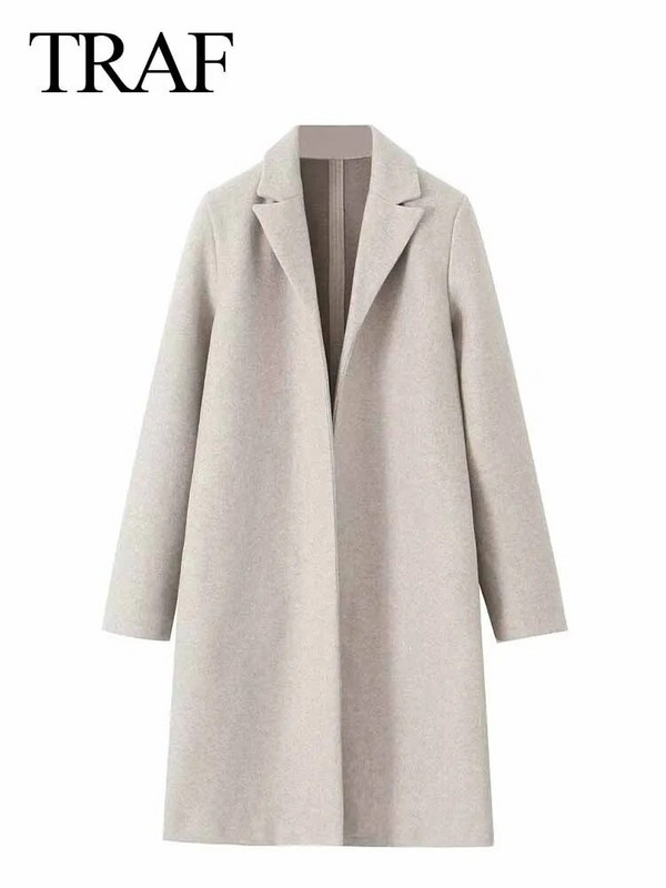 TRAF 2023 Jesen Zima Ženski elegantni kaput dugih rukava Ženska vintage jednobojna topla odjeća s reverom, duga vjetrovka Kaput