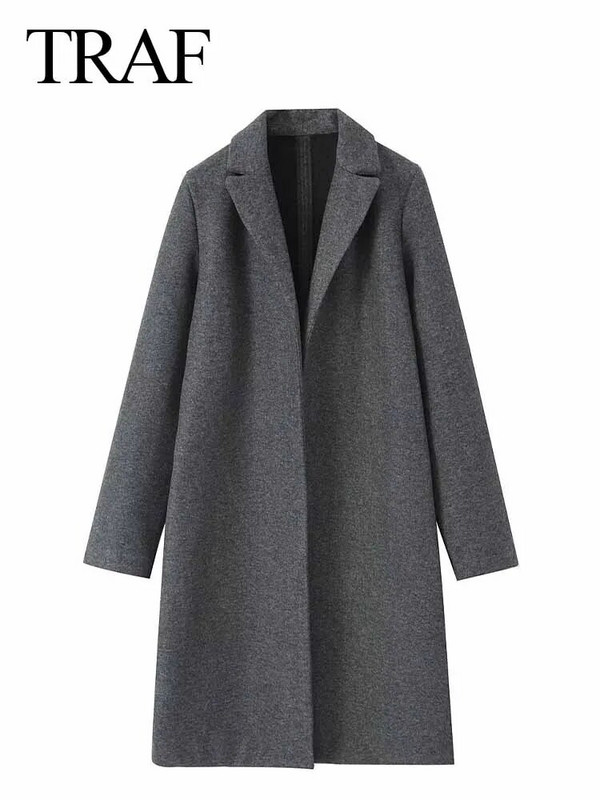 TRAF 2023 Jesen Zima Ženski elegantni kaput dugih rukava Ženska vintage jednobojna topla odjeća s reverom, duga vjetrovka Kaput