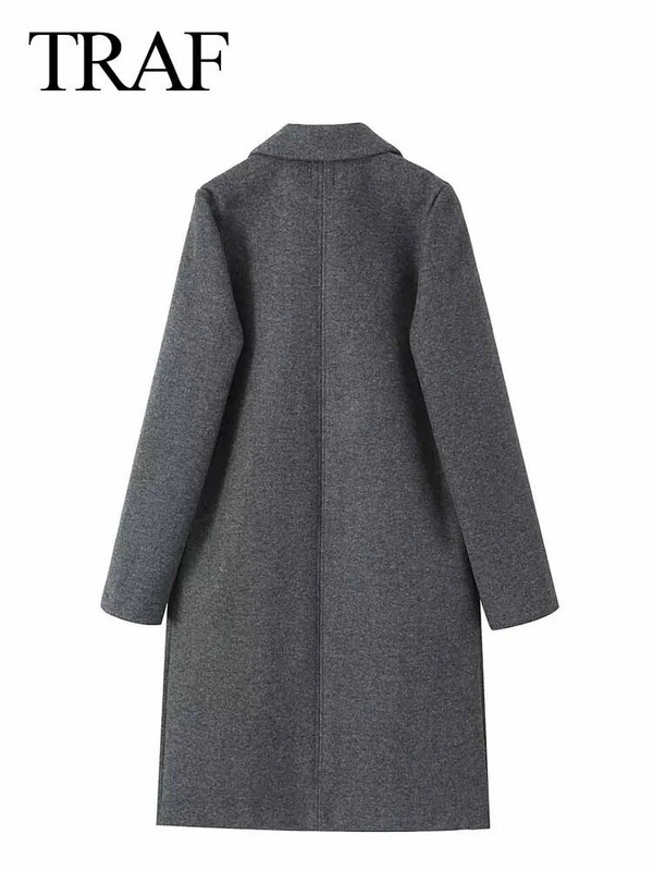 TRAF 2023 Jesen Zima Ženski elegantni kaput dugih rukava Ženska vintage jednobojna topla odjeća s reverom, duga vjetrovka Kaput