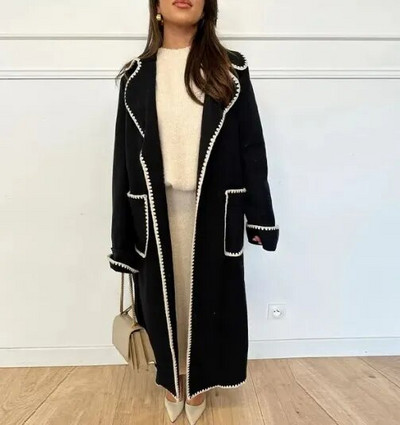 Reväärkrae, pikkade varrukatega naiste pikk mantel salliga Kahekordse rinnaga ülisuur lahtine naiste mantel 2023 šikk sügistalvine topp