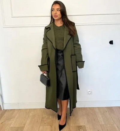 Reväärkrae, pikkade varrukatega naiste pikk mantel salliga Kahekordse rinnaga ülisuur lahtine naiste mantel 2023 šikk sügistalvine topp