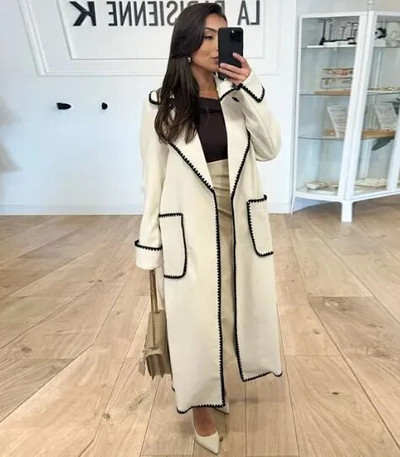 Reväärkrae, pikkade varrukatega naiste pikk mantel salliga Kahekordse rinnaga ülisuur lahtine naiste mantel 2023 šikk sügistalvine topp