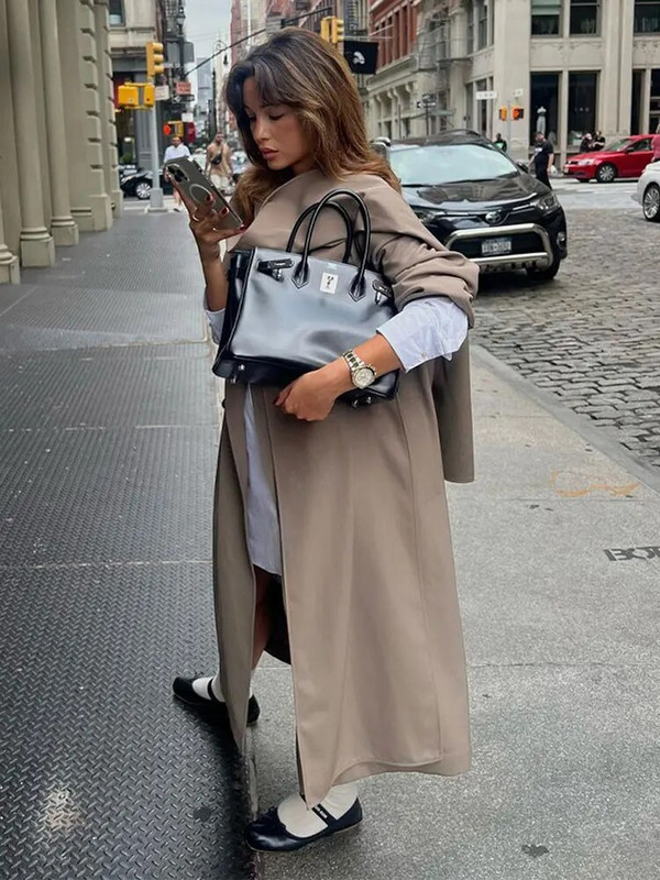 Reväärkrae, pikkade varrukatega naiste pikk mantel salliga Kahekordse rinnaga ülisuur lahtine naiste mantel 2023 šikk sügistalvine topp