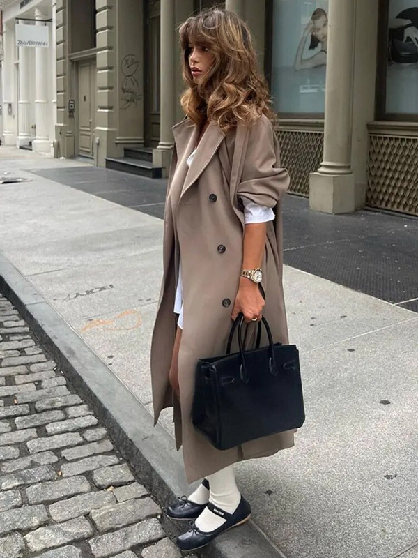 Reväärkrae, pikkade varrukatega naiste pikk mantel salliga Kahekordse rinnaga ülisuur lahtine naiste mantel 2023 šikk sügistalvine topp