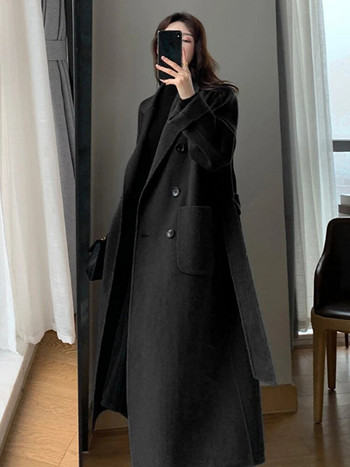 Jmprs Χειμερινό μάλλινο μακρύ παλτό Casual Γυναικείο μπουφάν από ψεύτικο μαλλί με διπλό στήθος Φθινοπωρινή μόδα Κορεάτικα γυναικεία μαύρα ρούχα Νέα
