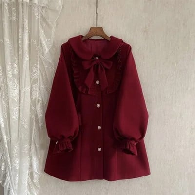 Talvine naiste villane mantel Jaapani Lolita stiilis magus Kawai Bow A-Line lahtised jakid Naiste elegantsed sügisesed Korea moerõivad