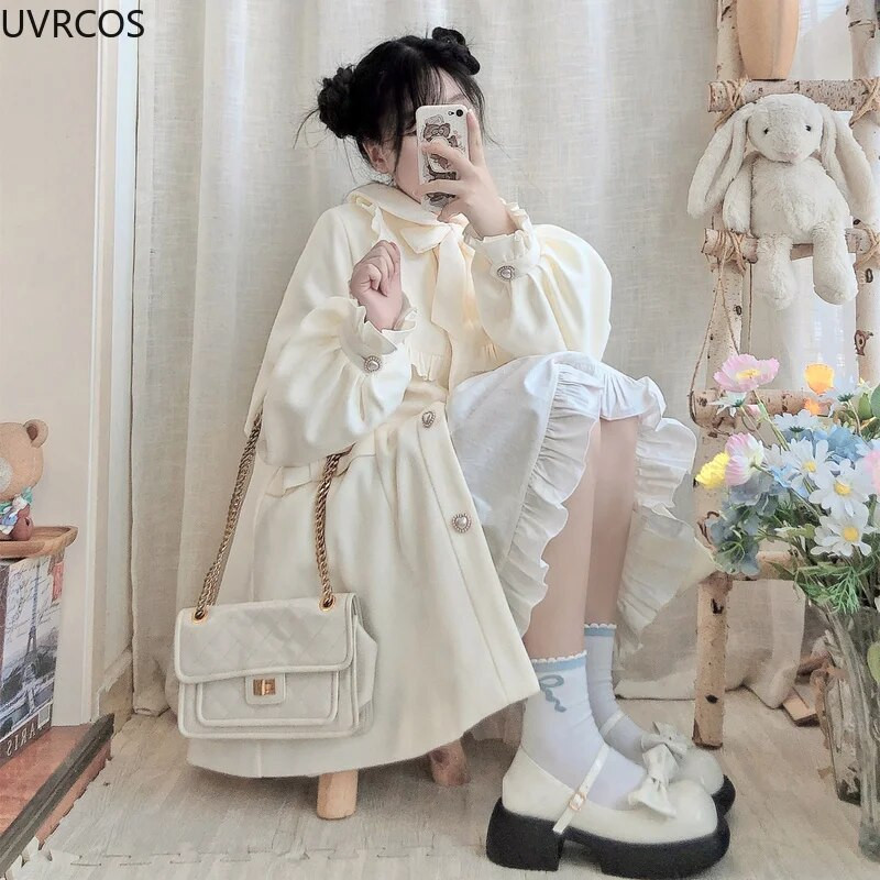Talvine naiste villane mantel Jaapani Lolita stiilis magus Kawai Bow A-Line lahtised jakid Naiste elegantsed sügisesed Korea moerõivad