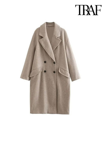TRAF Γυναικεία μόδα Oversized μάλλινο παλτό με διπλό στήθος Vintage μακρυμάνικο τσέπες με πτερύγιο γυναικείο πανωφόρι κομψό πανωφόρι