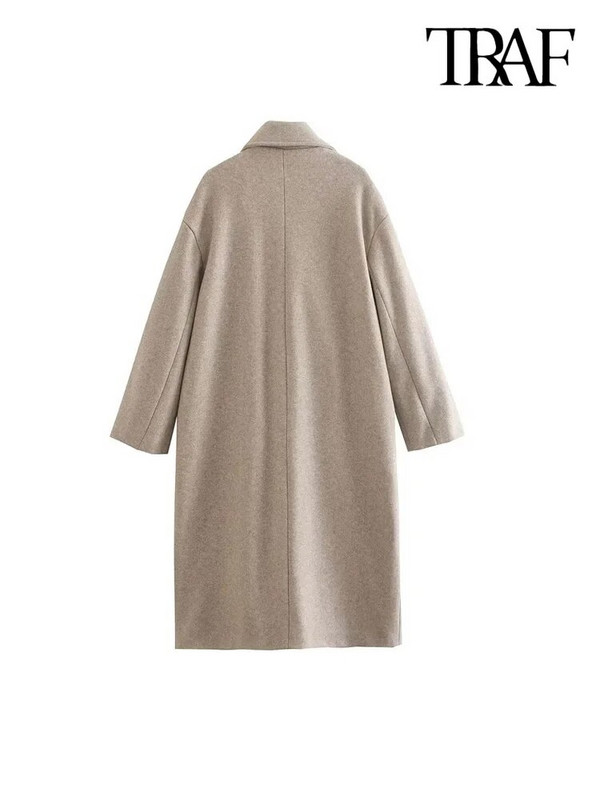 TRAF naiste mood Suuremõõtmeline kaherealine villane mantel Vintage pikkade varrukatega klapitaskud Naiste pealisriided šikk mantel