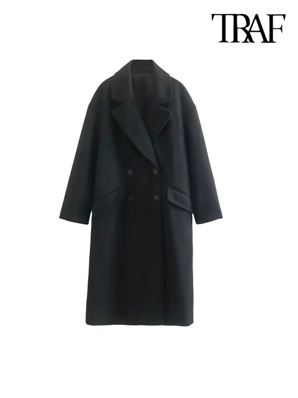 TRAF naiste mood Suuremõõtmeline kaherealine villane mantel Vintage pikkade varrukatega klapitaskud Naiste pealisriided šikk mantel