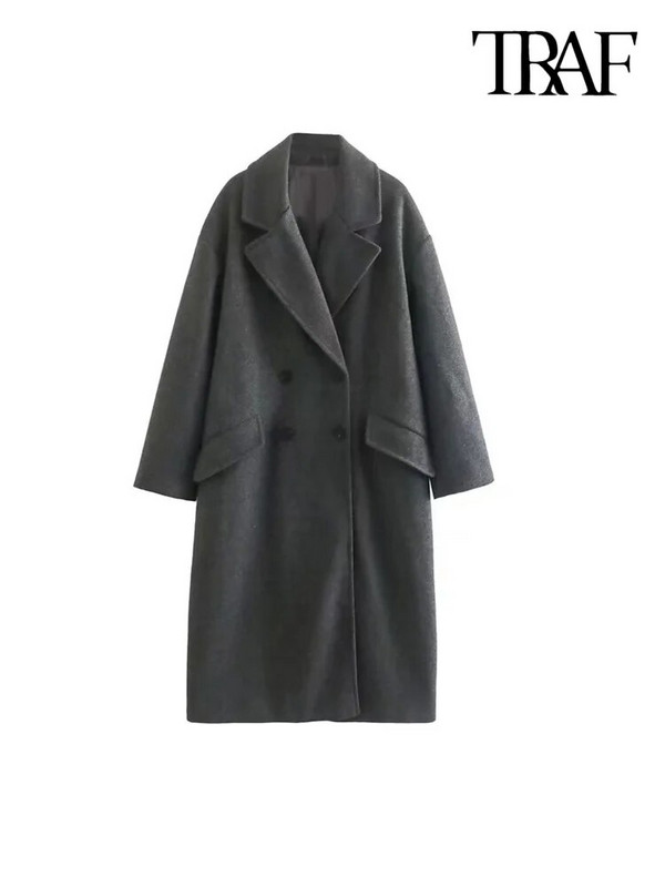 TRAF naiste mood Suuremõõtmeline kaherealine villane mantel Vintage pikkade varrukatega klapitaskud Naiste pealisriided šikk mantel