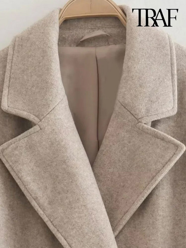 TRAF naiste mood Suuremõõtmeline kaherealine villane mantel Vintage pikkade varrukatega klapitaskud Naiste pealisriided šikk mantel