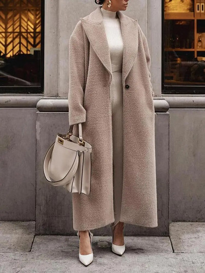 Moteriškas atvartas Vilnonis ilgas paltas Madingas ilgomis rankovėmis kišenė striukė su vienu mygtuku Rudens žiemos biuras Moteris Elegantiškas šiltas paltas