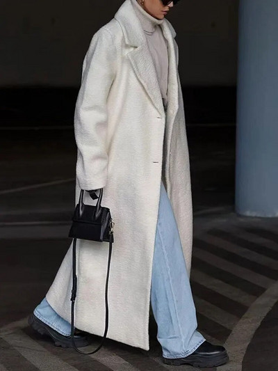 Moteriškas atvartas Vilnonis ilgas paltas Madingas ilgomis rankovėmis kišenė striukė su vienu mygtuku Rudens žiemos biuras Moteris Elegantiškas šiltas paltas