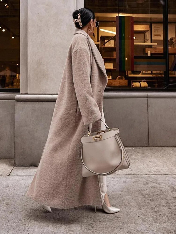 Moteriškas atvartas Vilnonis ilgas paltas Madingas ilgomis rankovėmis kišenė striukė su vienu mygtuku Rudens žiemos biuras Moteris Elegantiškas šiltas paltas