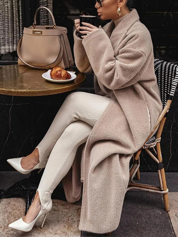 Moteriškas atvartas Vilnonis ilgas paltas Madingas ilgomis rankovėmis kišenė striukė su vienu mygtuku Rudens žiemos biuras Moteris Elegantiškas šiltas paltas