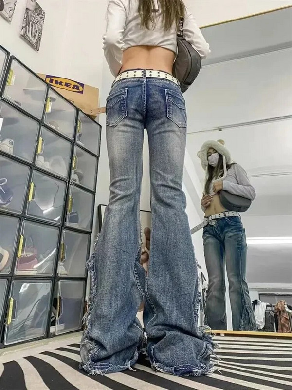 Ameerika vintage teksad Naiste riided Toores servas Disain Põlevad teksad Patchwork Sügis Madala kõrgusega pestud teksapüksid mood Y2k püksid