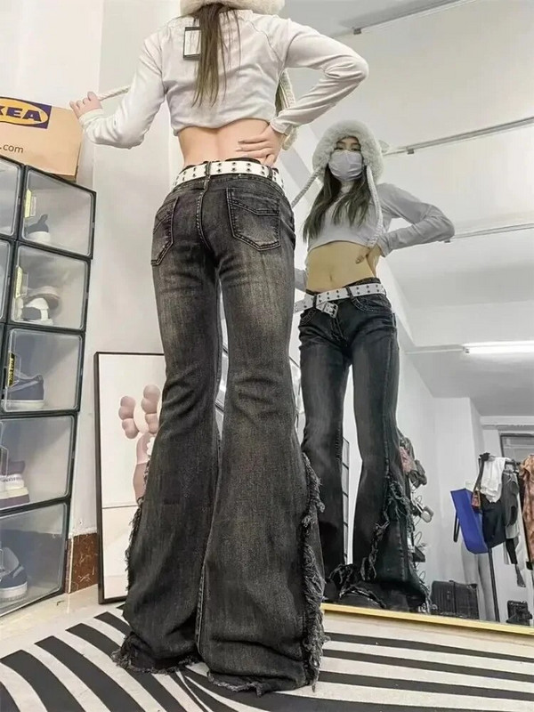 Ameerika vintage teksad Naiste riided Toores servas Disain Põlevad teksad Patchwork Sügis Madala kõrgusega pestud teksapüksid mood Y2k püksid