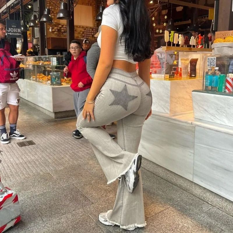 American Street Star Print Skinny Washed Džinsi Pavasaris Vasara Gaiši zils Zems Viduklis Slim Sieviešu bikses ar neapstrādātu malu