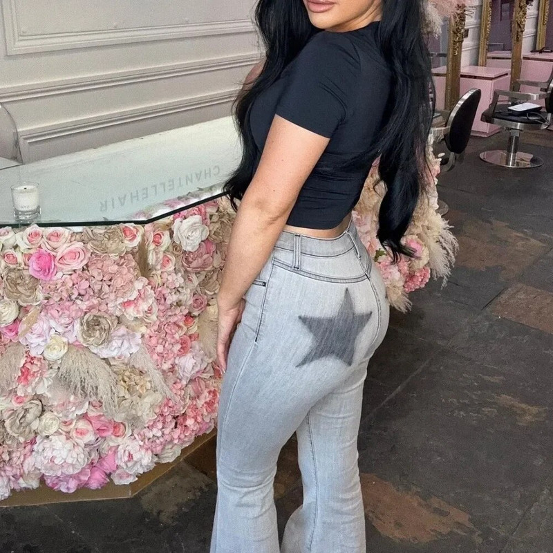 American Street Star Print Skinny Washed Džinsi Pavasaris Vasara Gaiši zils Zems Viduklis Slim Sieviešu bikses ar neapstrādātu malu