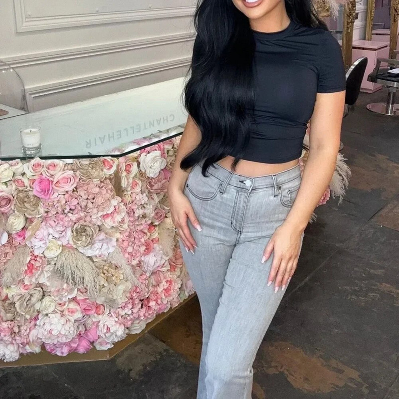 American Street Star Print Skinny Washed Džinsi Pavasaris Vasara Gaiši zils Zems Viduklis Slim Sieviešu bikses ar neapstrādātu malu