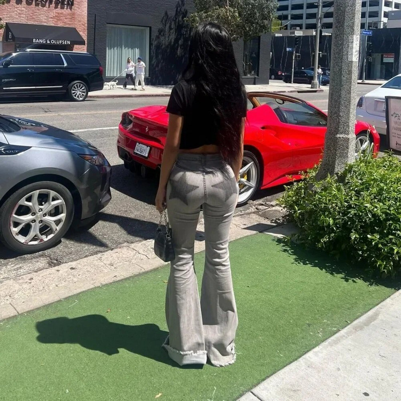 American Street Star Print Skinny Washed Džinsi Pavasaris Vasara Gaiši zils Zems Viduklis Slim Sieviešu bikses ar neapstrādātu malu