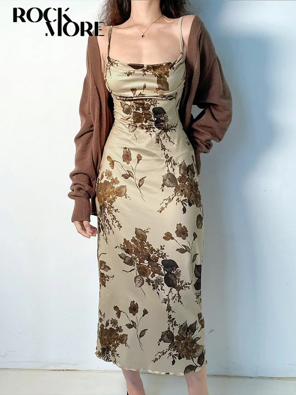 Rockmore Y2K Vintažinė vakarėlio ilga suknelė Grunge Fairycore Print Maxi Suknelės Elegantiškos paplūdimio stiliaus Moteriški drabužiai be nugaros