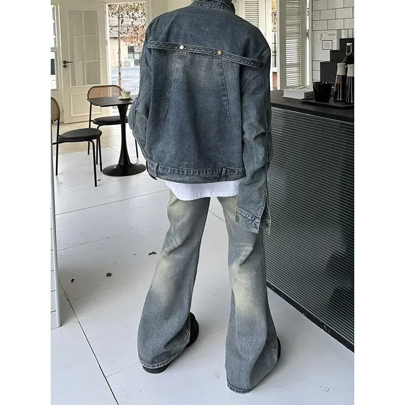 „Deeptown Vintage Y2k Flare“ džinsai, moteriški rudeniniai „Grunge“ džinsiniai kelnės Korėjietiškos mados „Blogdies Streetwear“ 90-ųjų estetika