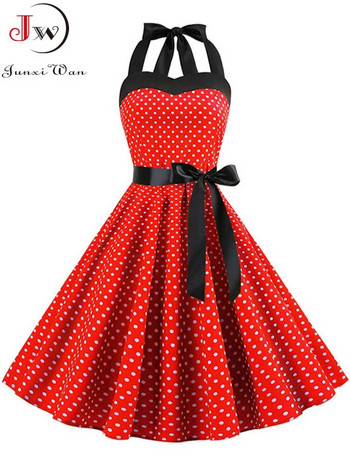 Πουά Γυναικείο φόρεμα Vintage Swing Halter Belt 50s 60s Rockabilly Prom Party Dresses Retro Feminino Vestidos