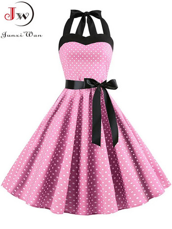 Πουά Γυναικείο φόρεμα Vintage Swing Halter Belt 50s 60s Rockabilly Prom Party Dresses Retro Feminino Vestidos